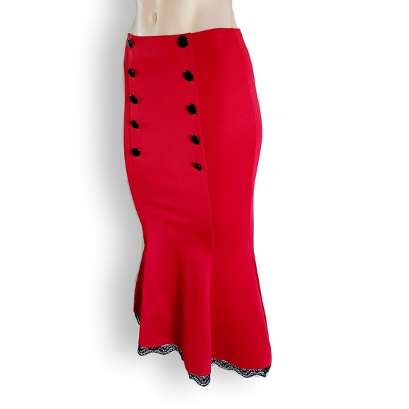 Deep red, satin-look, low sitting mermaid, pencil, knee length skirt AU 8-10 - Picture 8 of 11